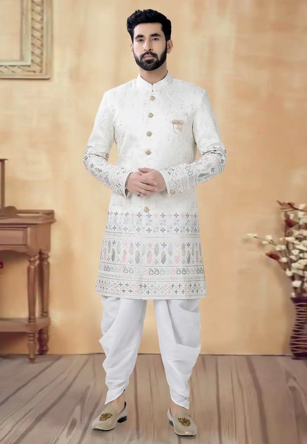 Cream Silk Dhoti Sherwani 292410