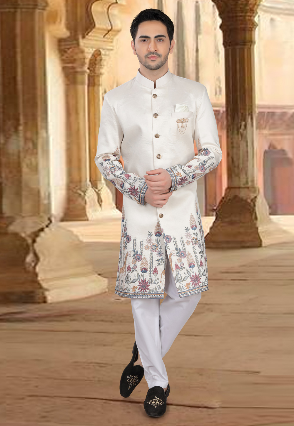Cream Silk Indo Western Sherwani 309074