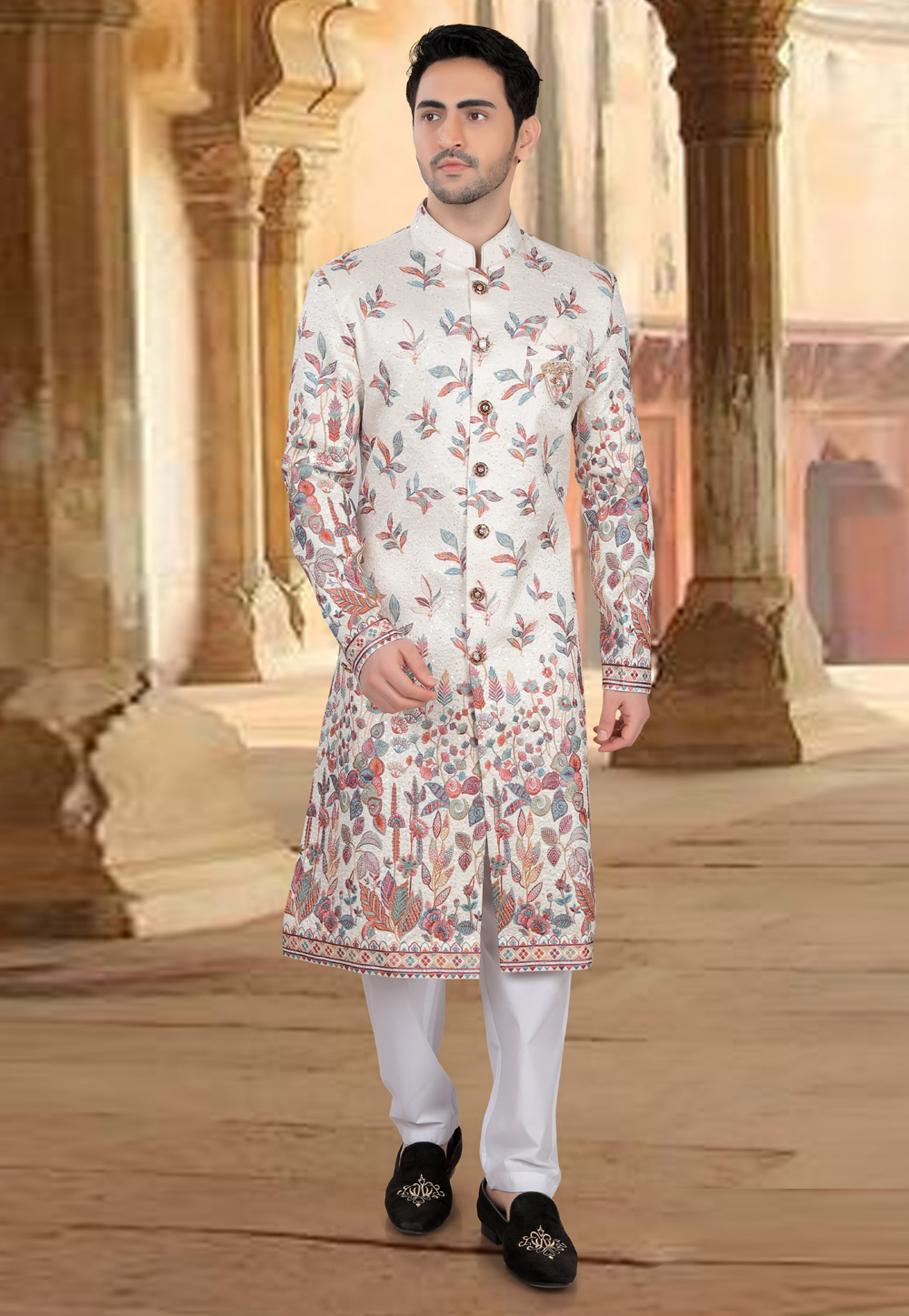 Cream Silk Indo Western Sherwani 309079
