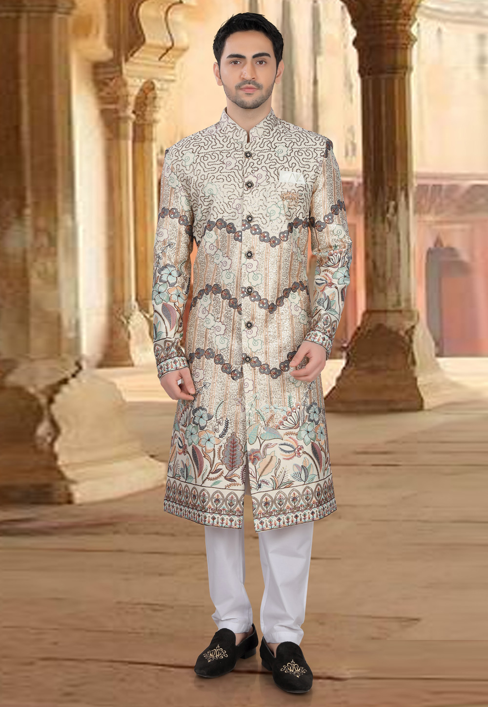 Cream Silk Indo Western Sherwani 309080