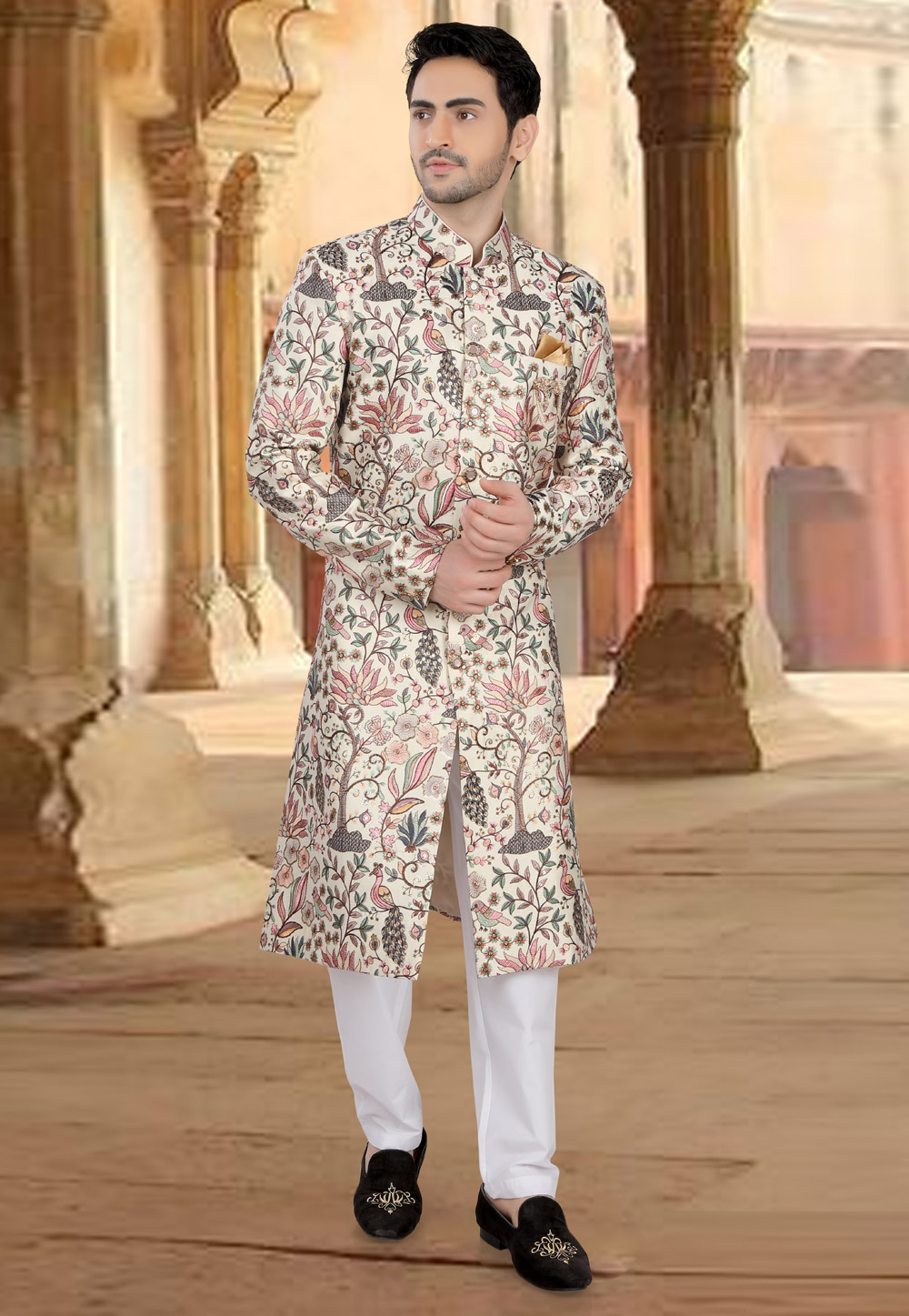 Cream Silk Indo Western Sherwani 309081