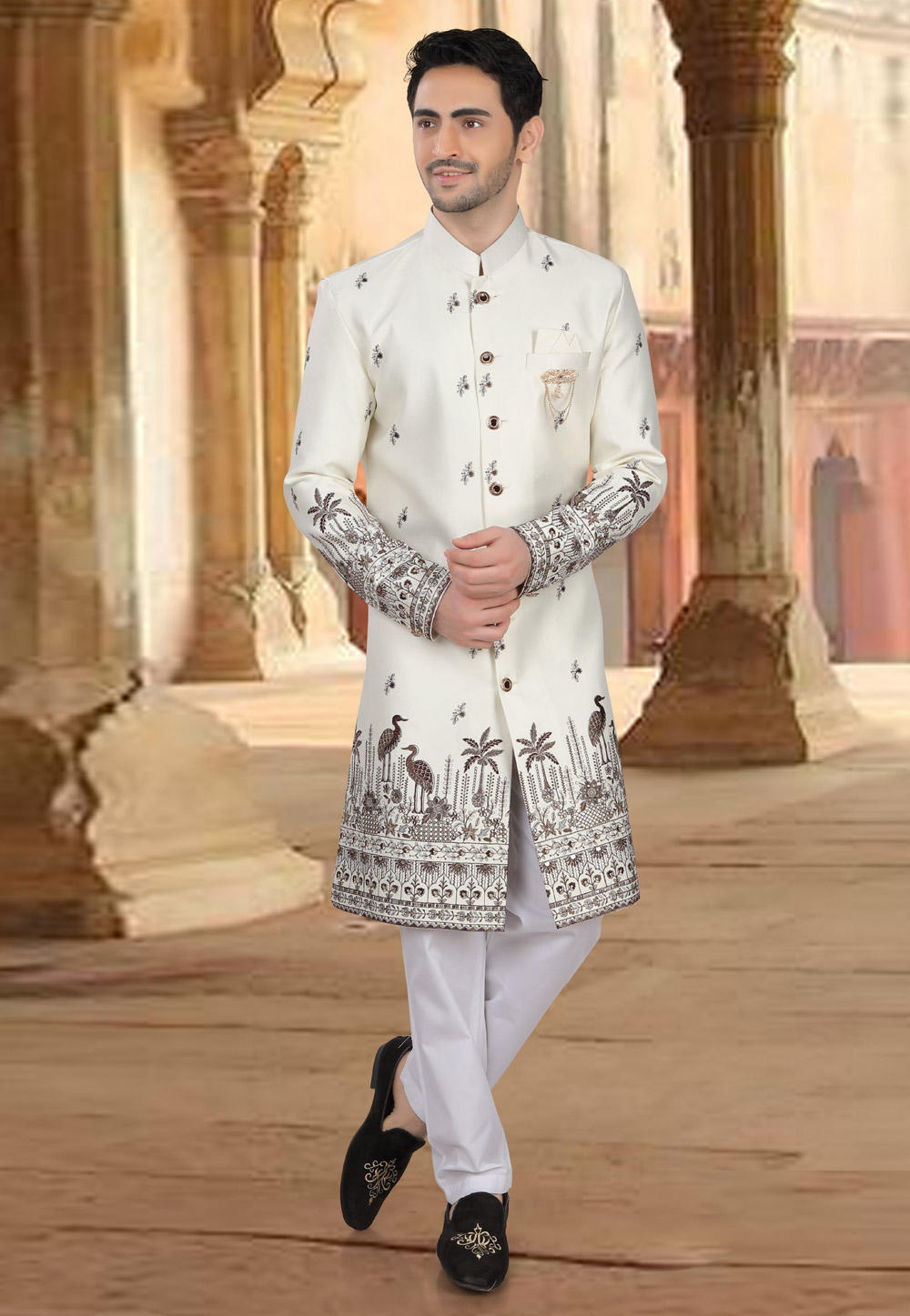 Cream Silk Indo Western Sherwani 309083