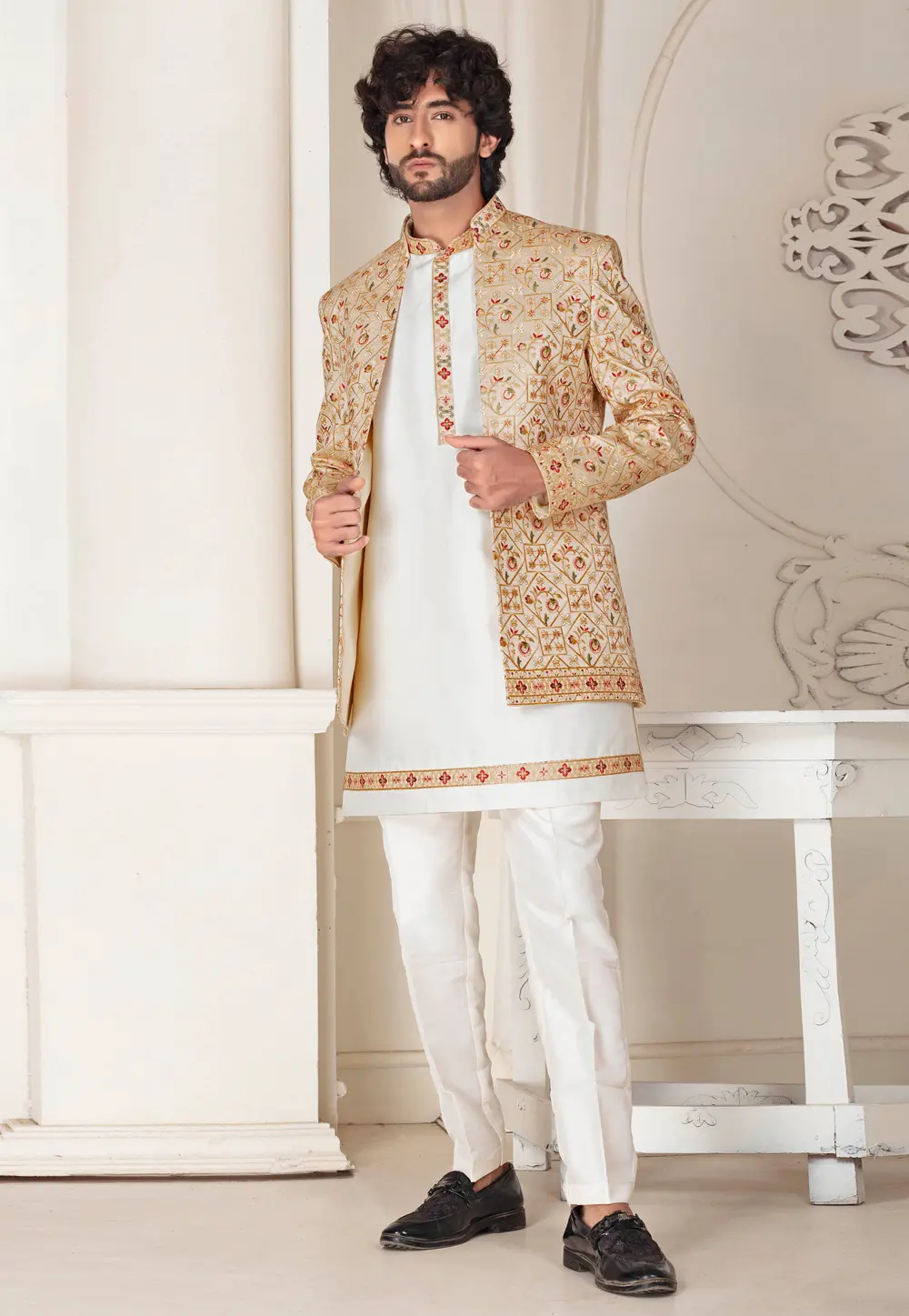 Cream Silk Indo Western Suit 302150