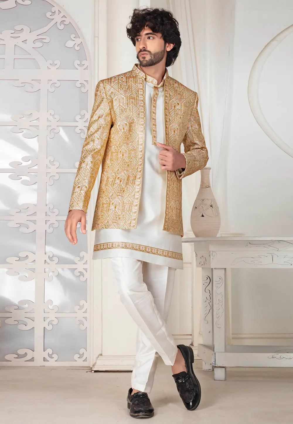 Cream Silk Indo Western Suit 302153