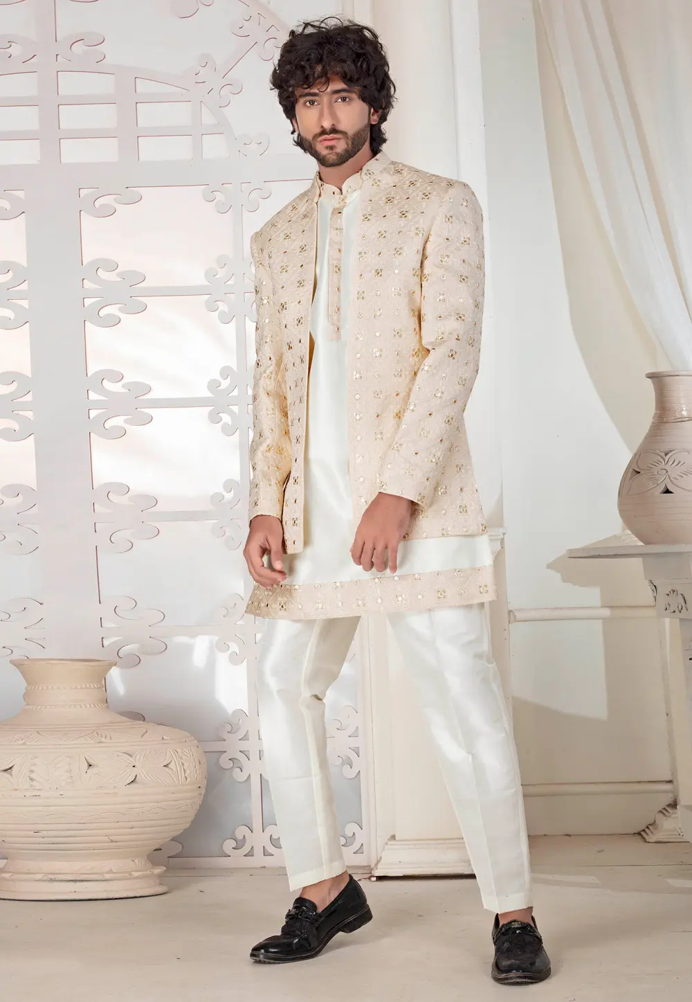 Cream Silk Indo Western Suit 302157