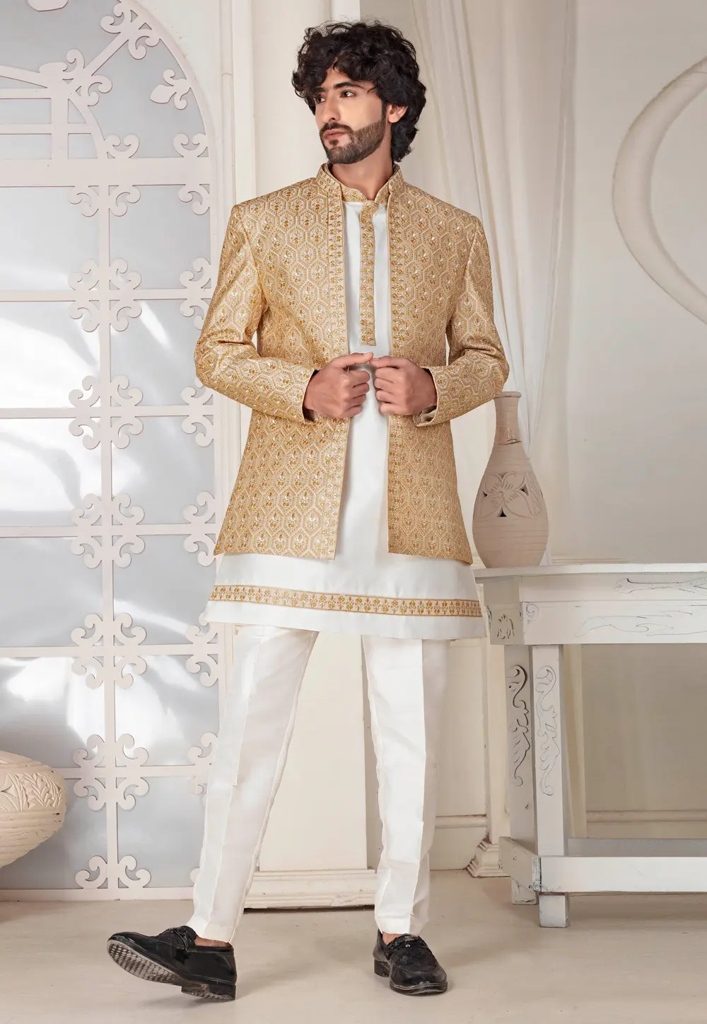 Cream Silk Indo Western Suit 302160