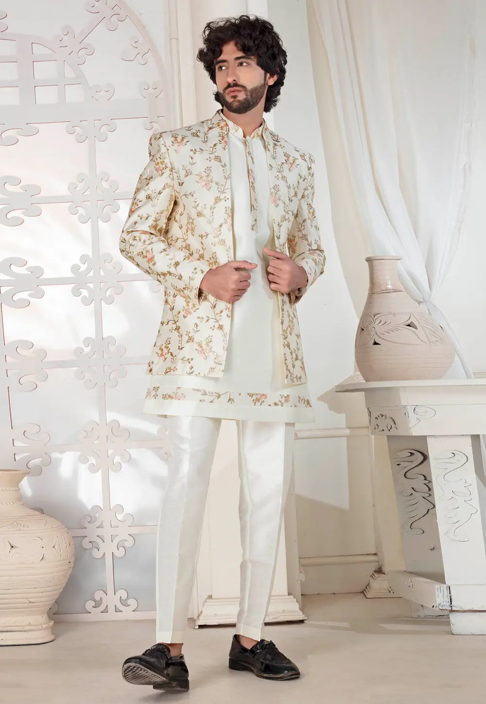 Cream Silk Indo Western Suit 302162