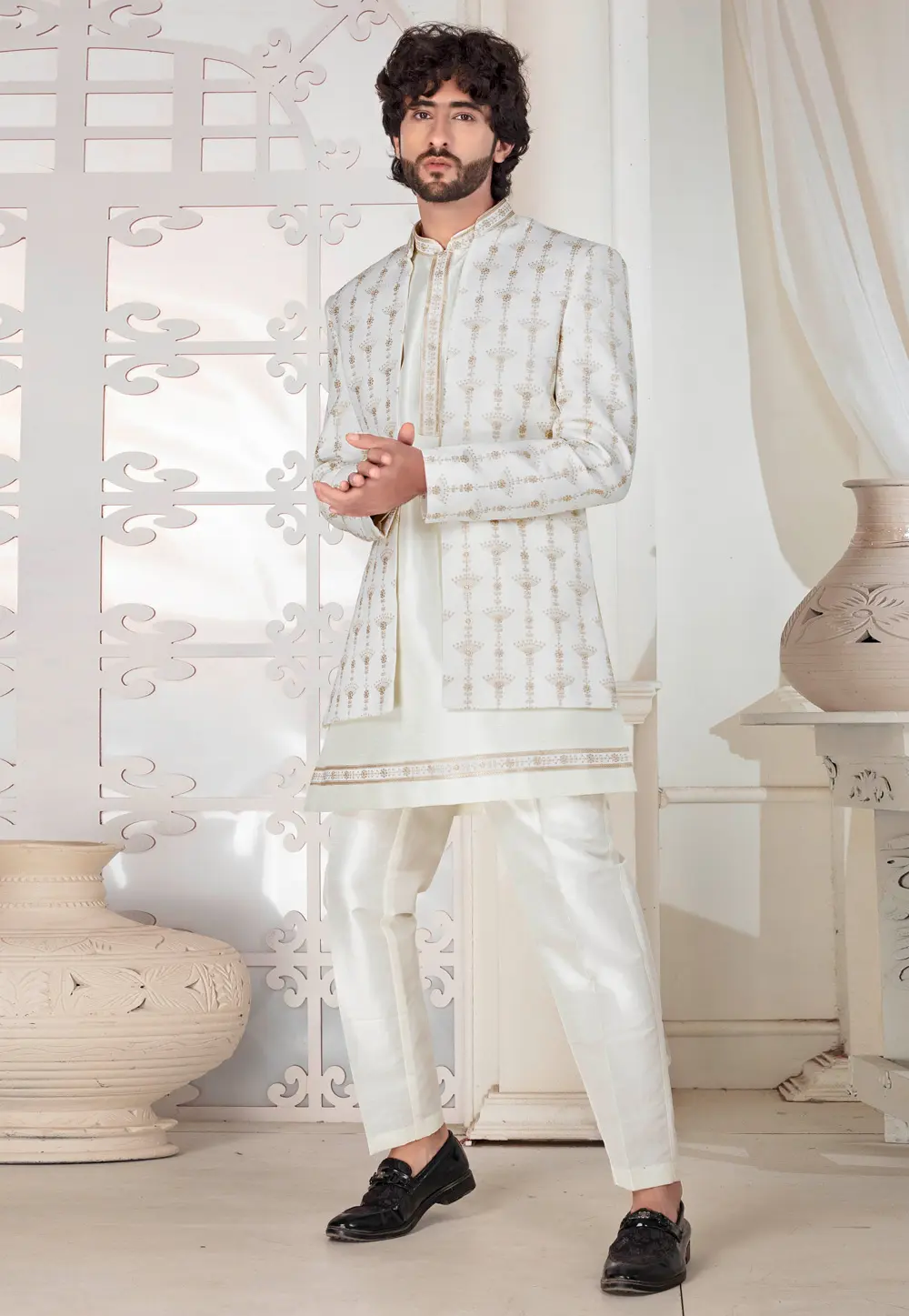 Cream Silk Indo Western Suit 302168