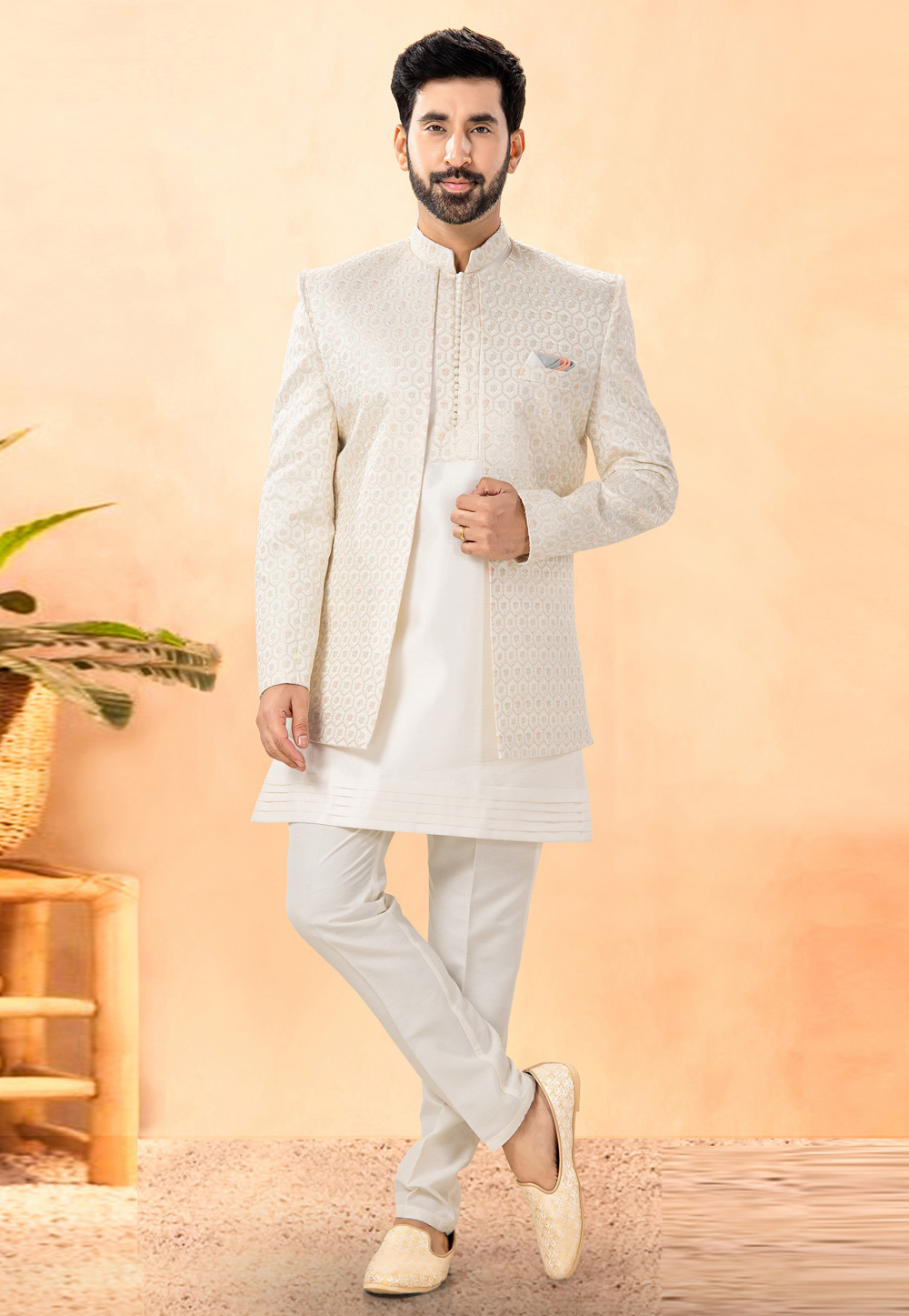 Cream Silk Indo Western Suit 306117