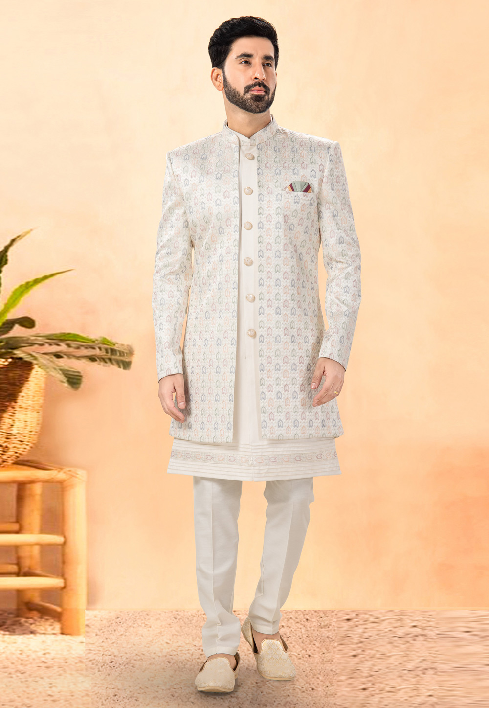 Cream Silk Indo Western Suit 306119