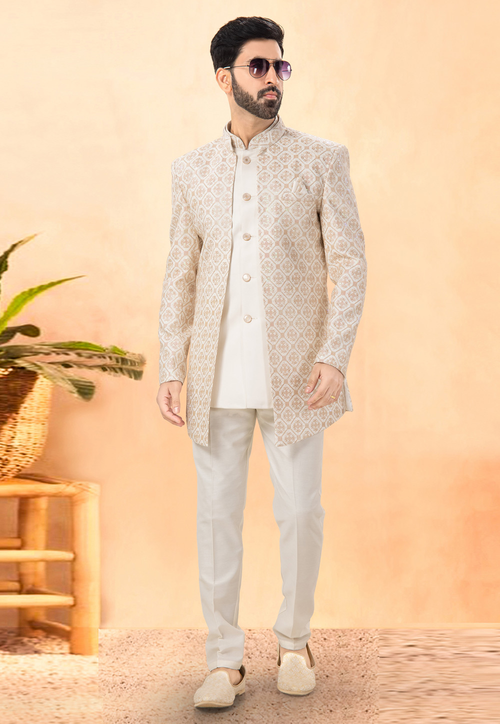 Cream Silk Indo Western Suit 306120