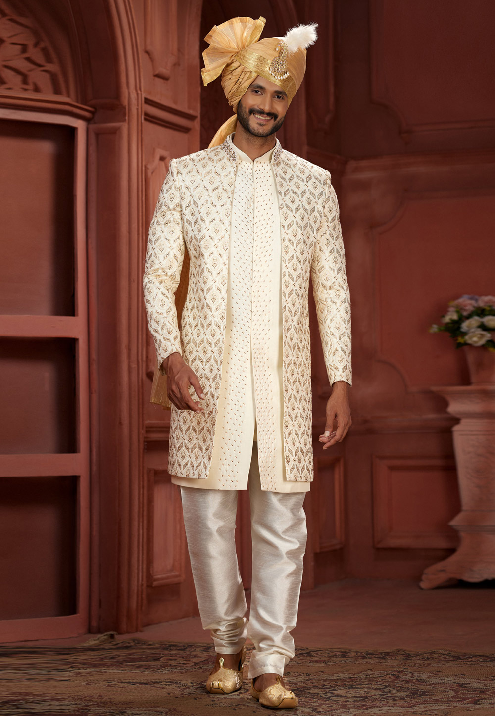Cream Silk Jacket Style Sherwani 286275