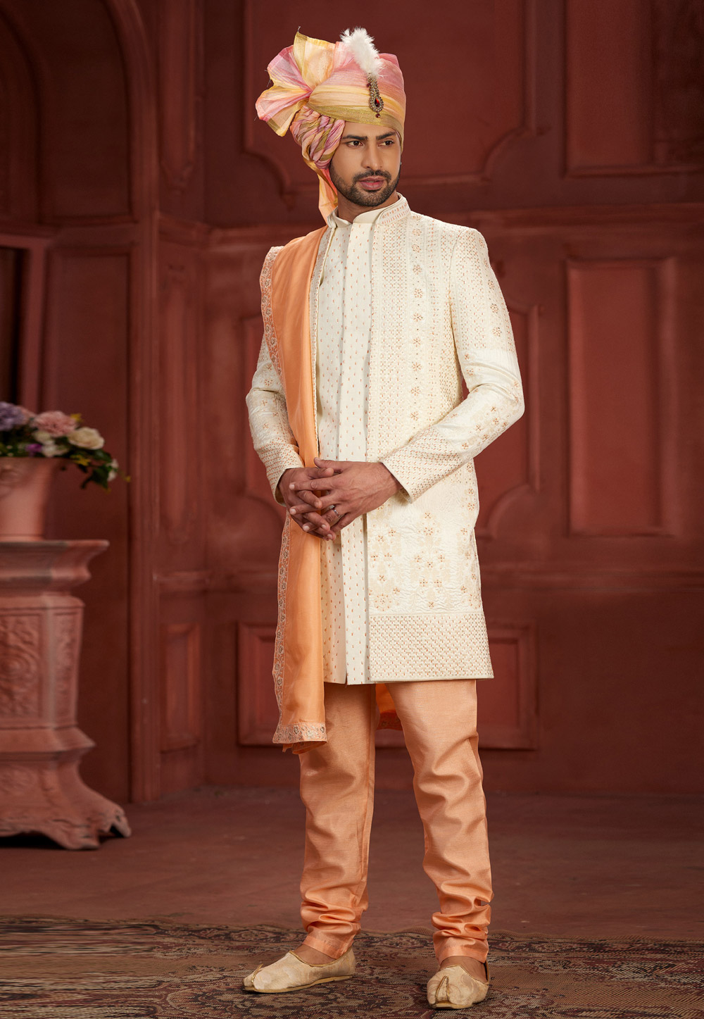 Cream Silk Jacket Style Sherwani 286279