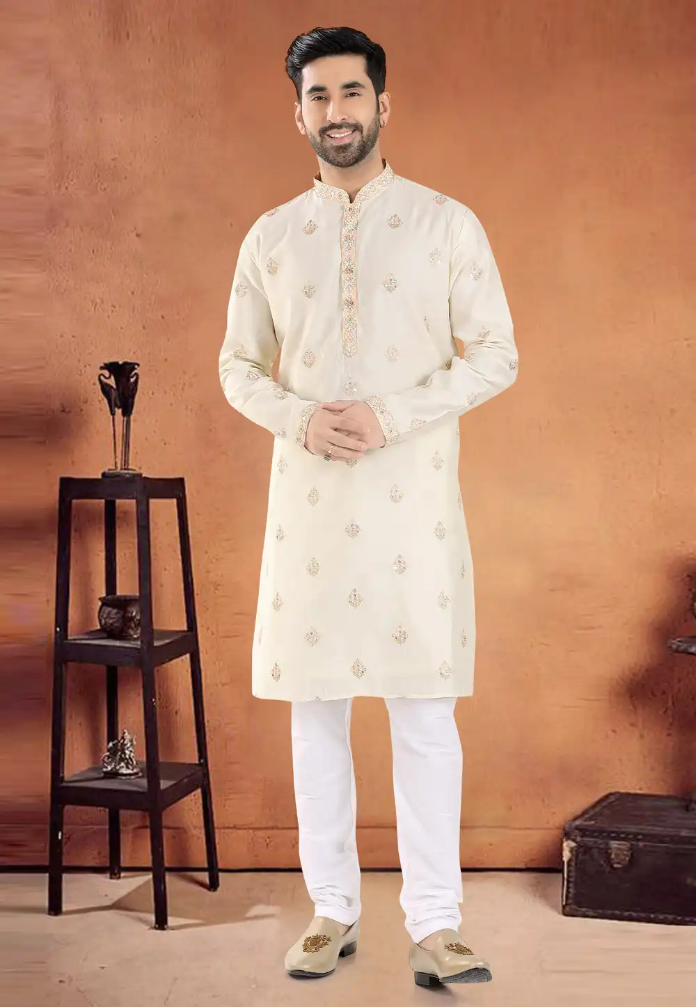 Cream Silk Kurta Pajama 290573