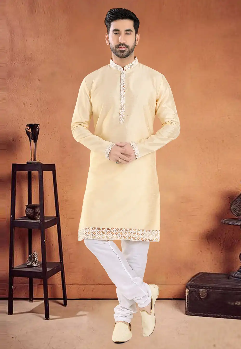 Cream Silk Kurta Pajama 290575