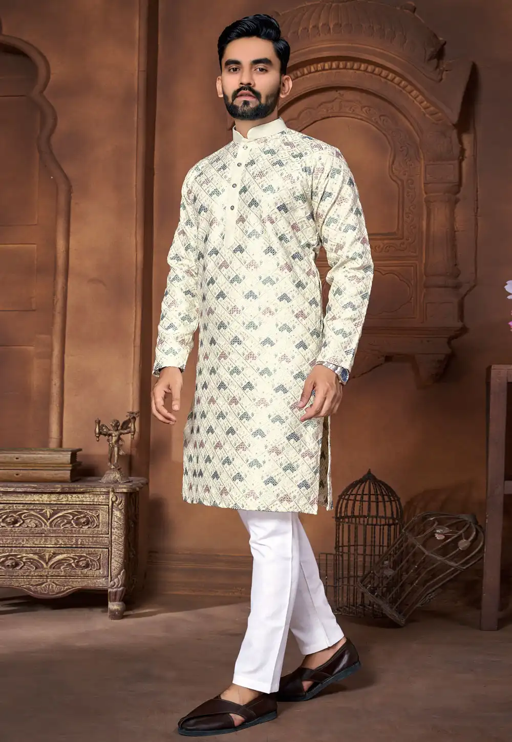 Cream Silk Kurta Pajama 293803