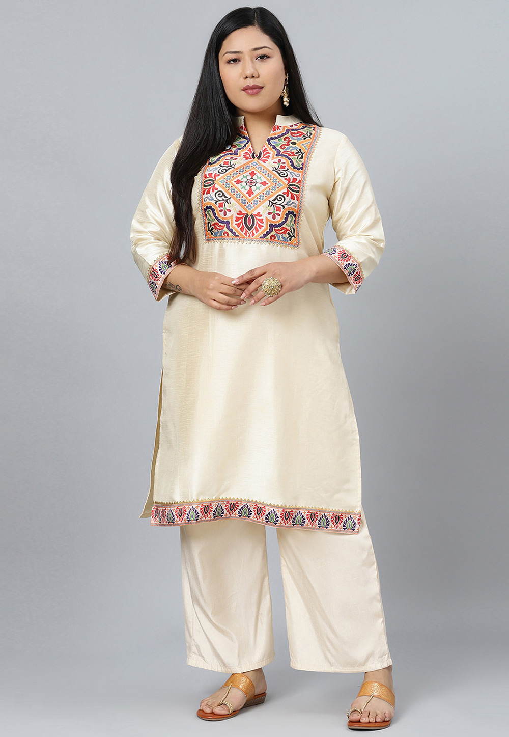 Cream Silk Kurta Set With Palazzo 305574