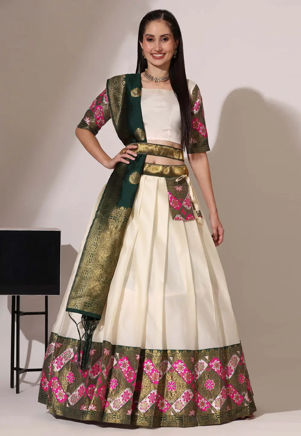 Cream Silk Lehenga Choli 296131