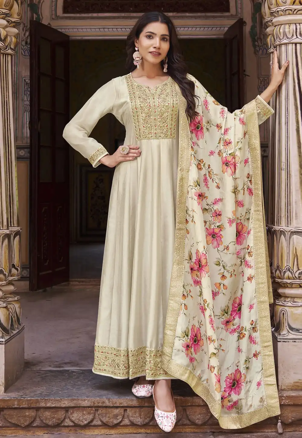 Cream Silk Long Anarkali Suit 292880