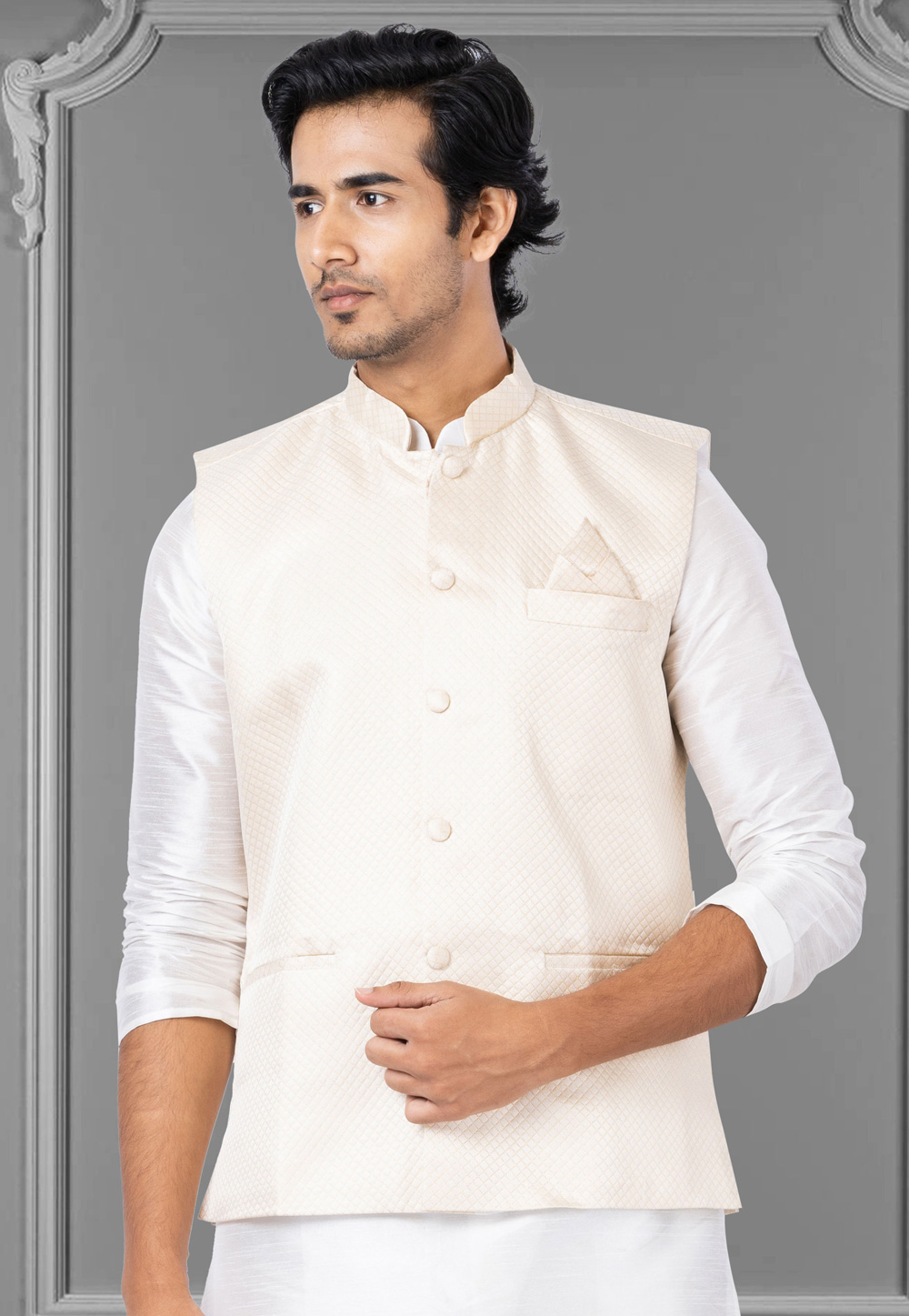 Cream Silk Nehru Jacket 286957