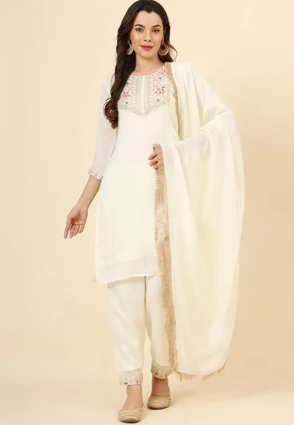 Cream Silk Readymade Pakistani Suit 293697