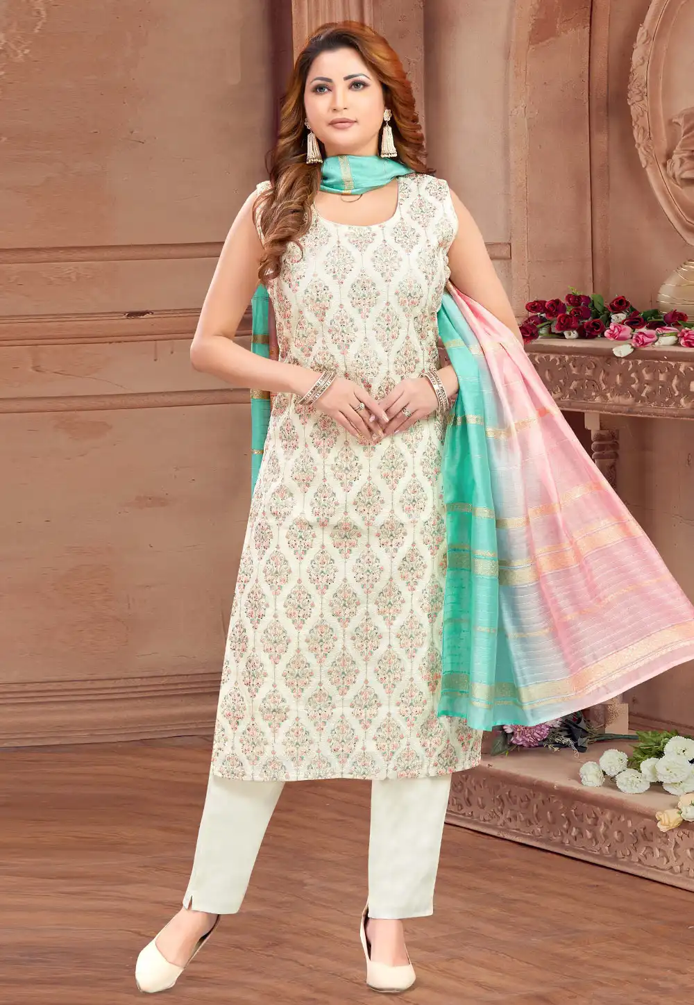 Cream Silk Readymade Pakistani Suit 294091