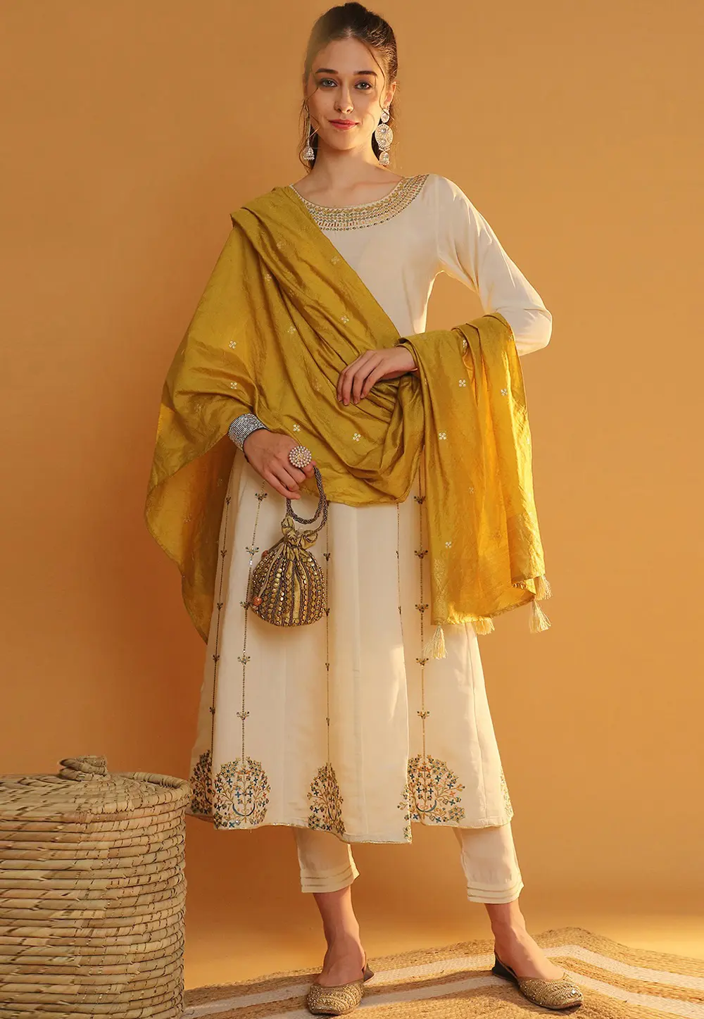 Cream Silk Readymade Pakistani Suit 301909