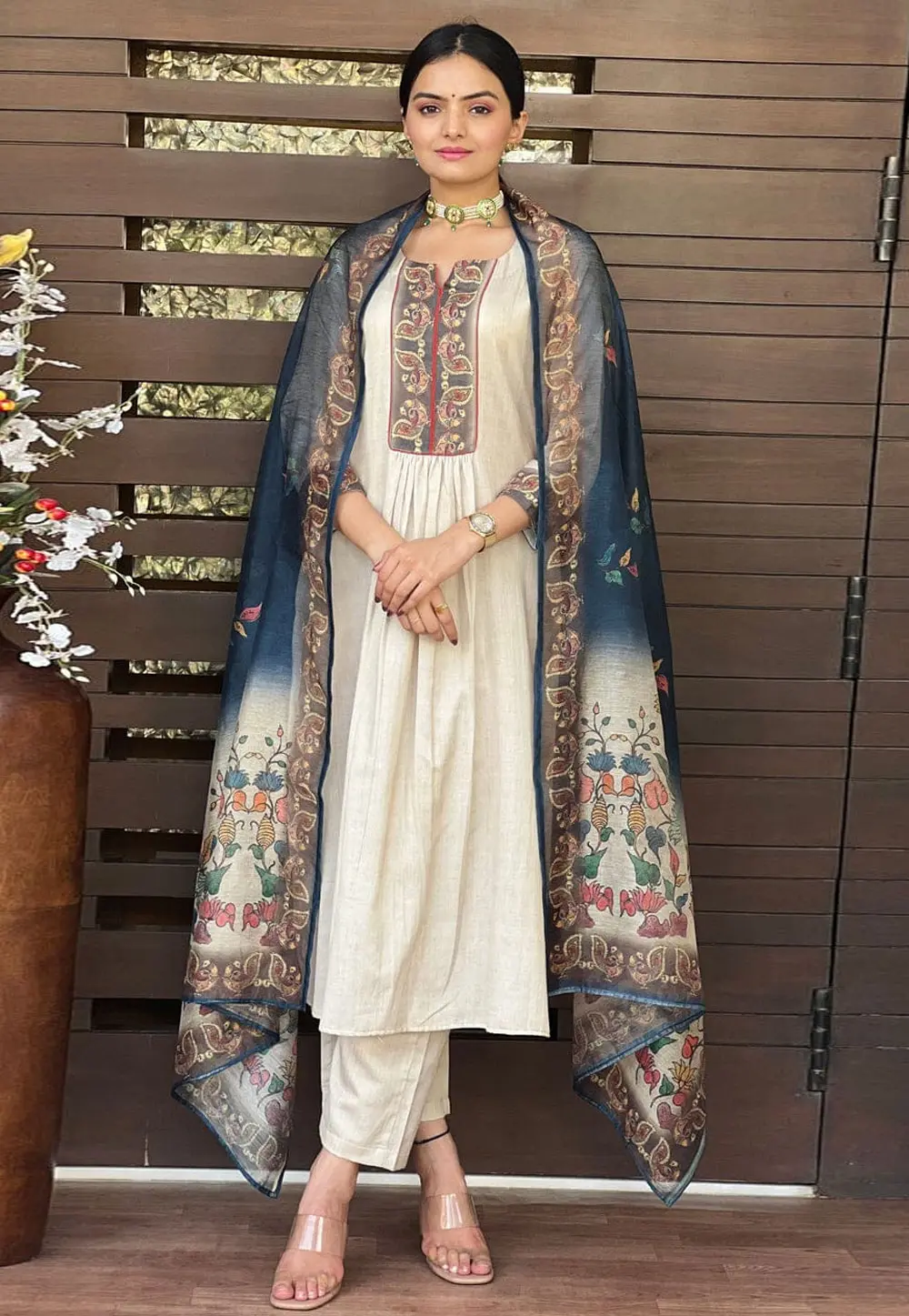 Cream Silk Readymade Pakistani Suit 301957