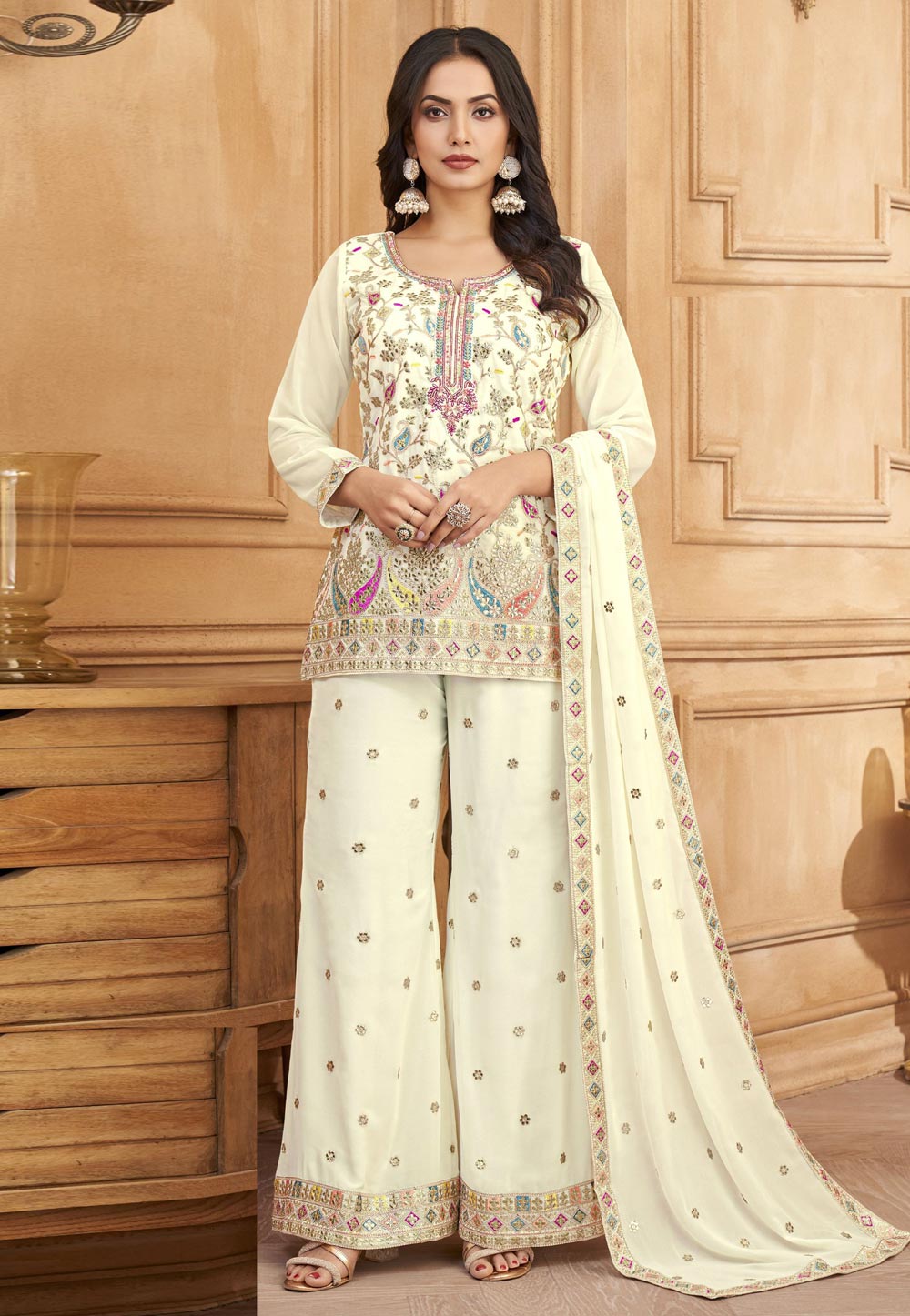Cream Silk Readymade Palazzo Suit 310875