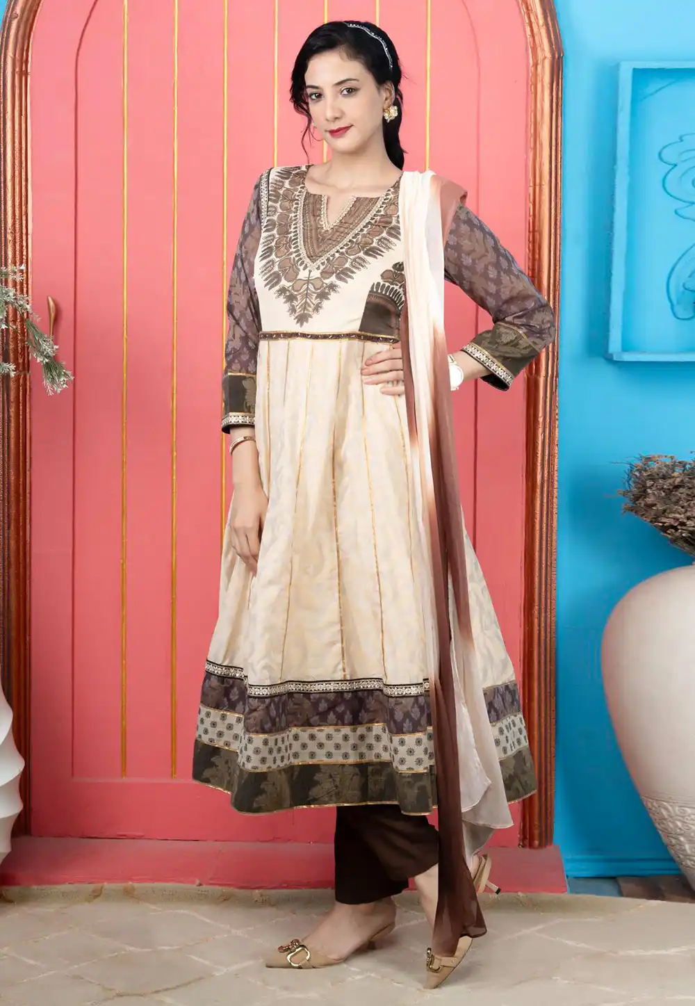 Cream Silk Readymade Pant Style Suit 293102