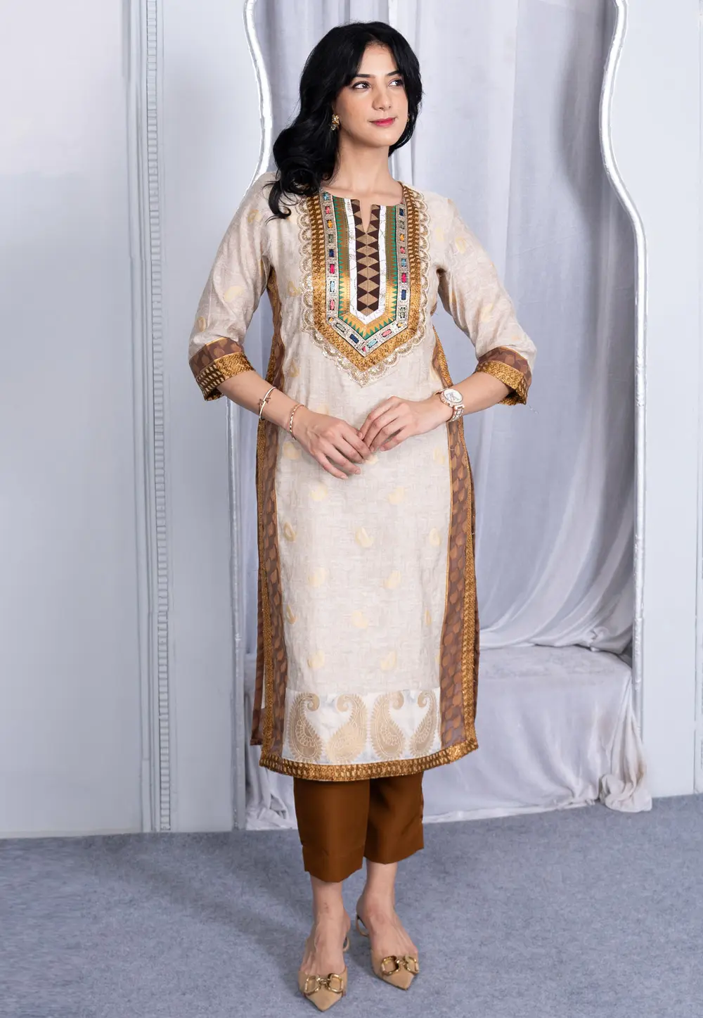 Cream Silk Readymade Pant Style Suit 297909