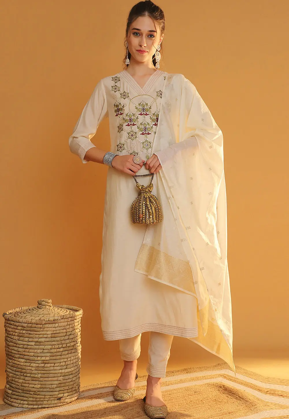 Cream Silk Readymade Pant Style Suit 301908