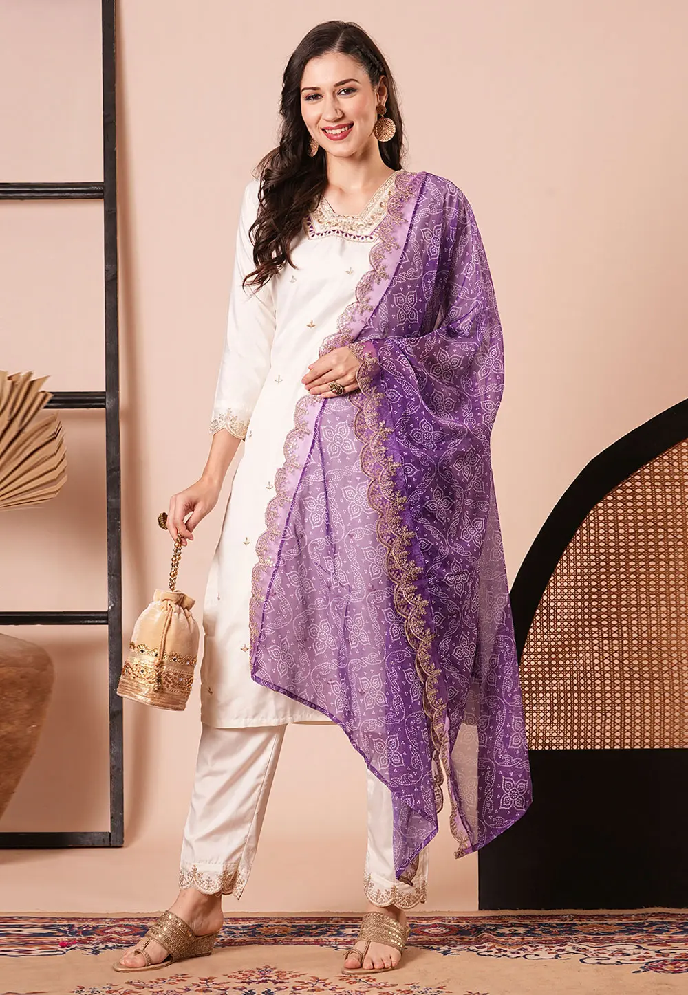 Cream Silk Readymade Pant Style Suit 299707