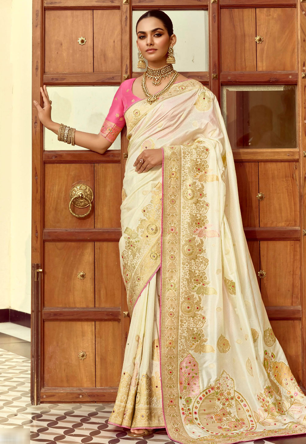 Cream Silk Saree With Blouse 309105