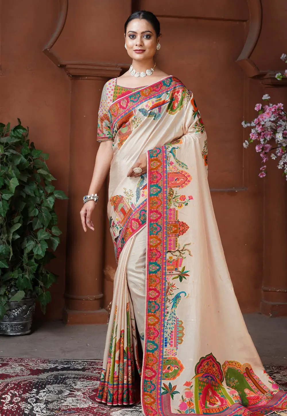 Cream Silk Saree With Blouse 303643