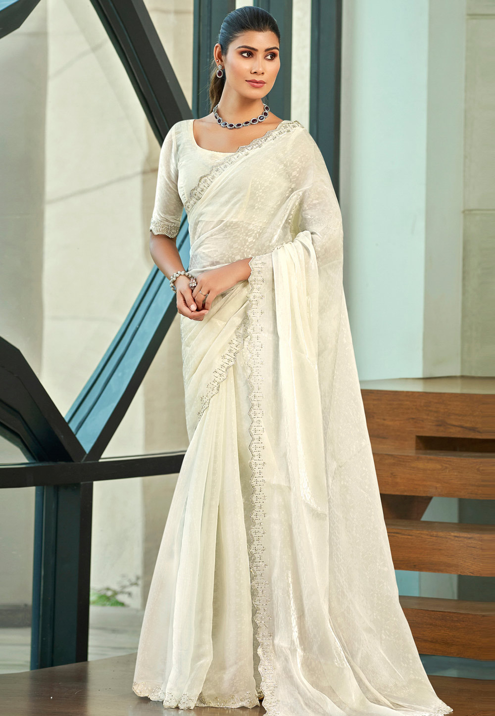Cream Silk Saree With Blouse 309782