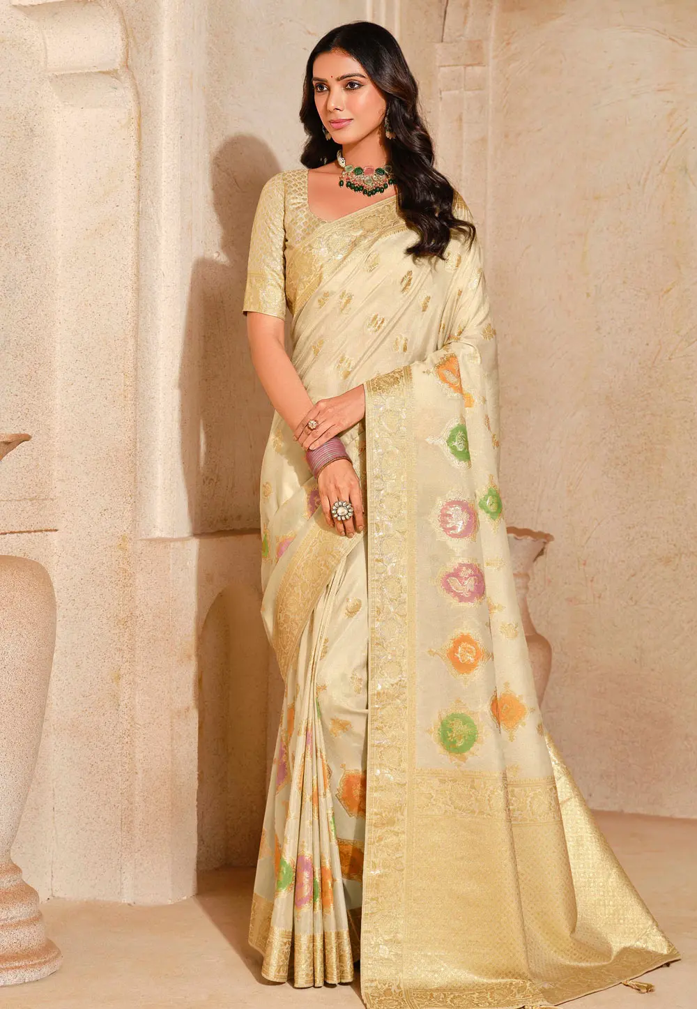 Cream Silk Saree With Blouse 304148