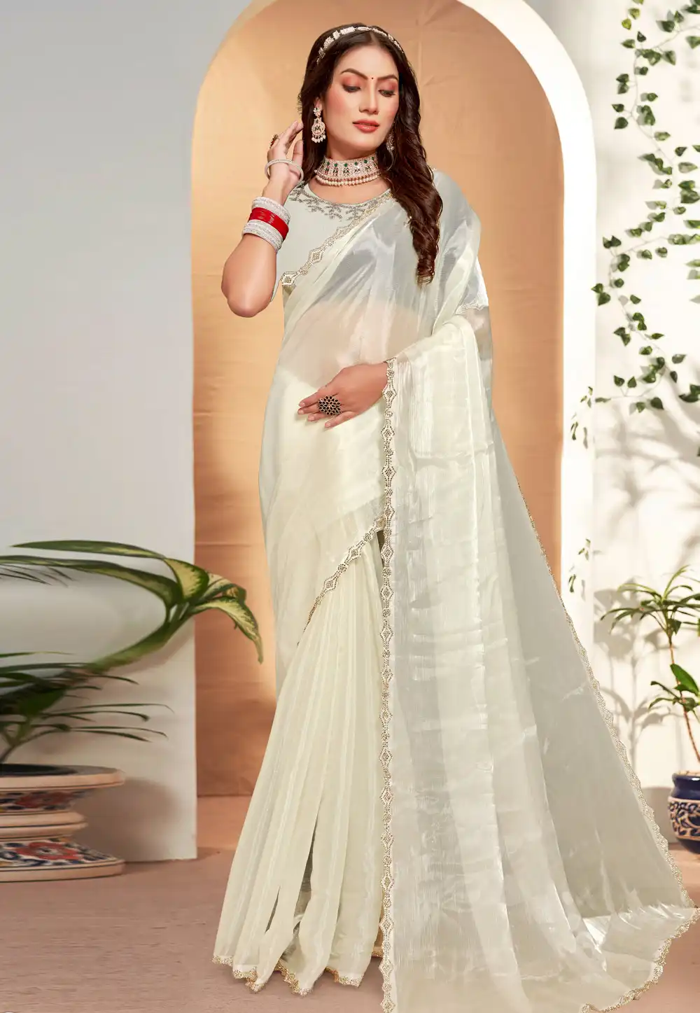 Cream Silk Saree With Blouse 292443