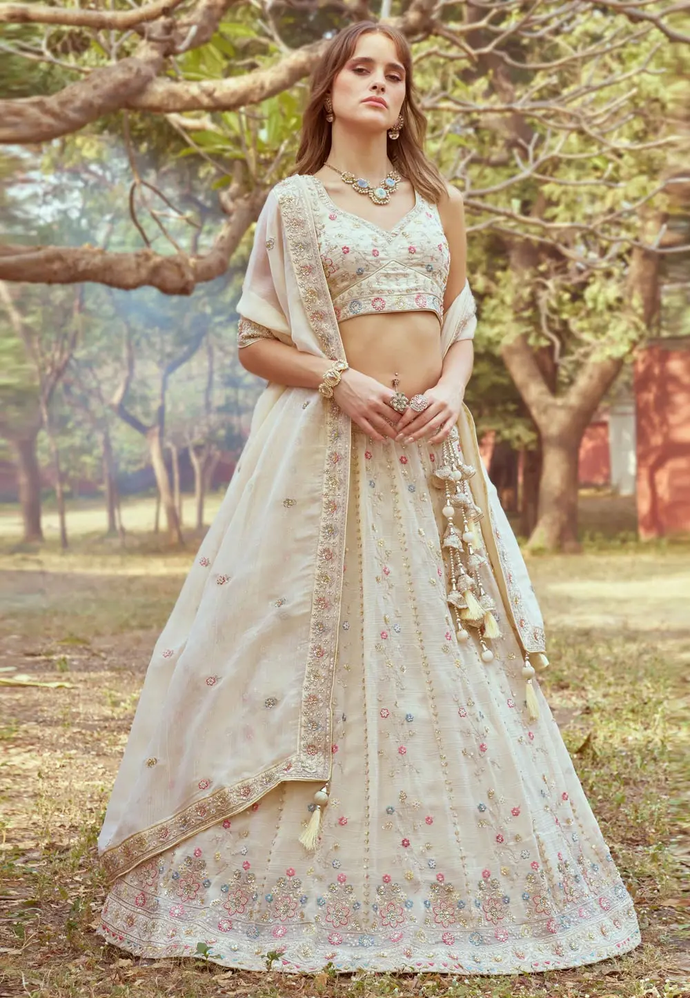 Cream Tissue A Line Lehenga Choli 299143