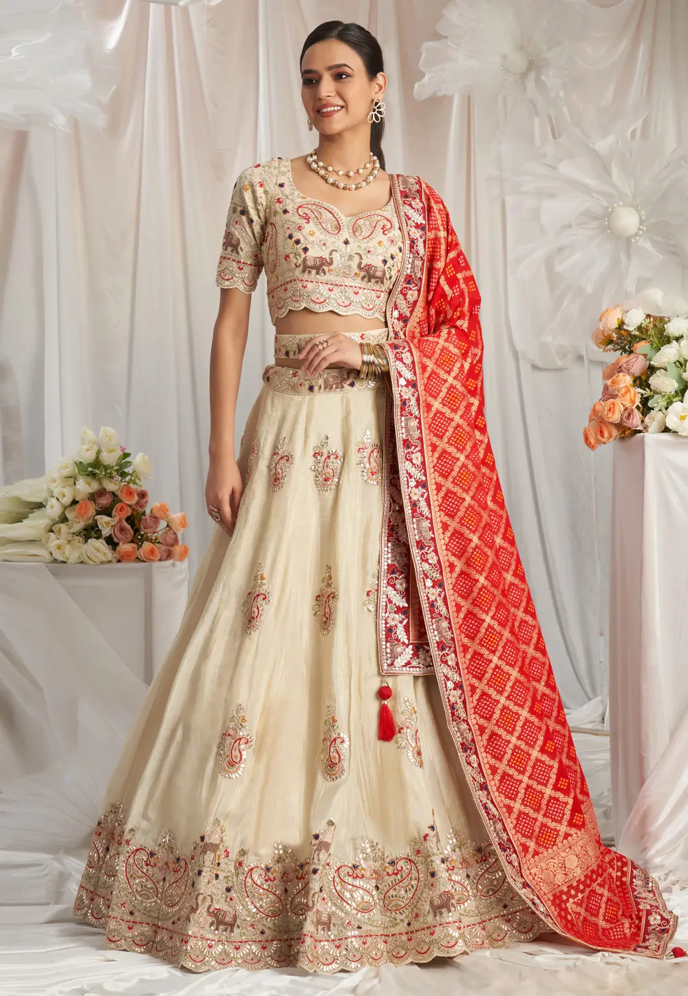 Cream Tissue Lehenga Choli For Wedding 295376