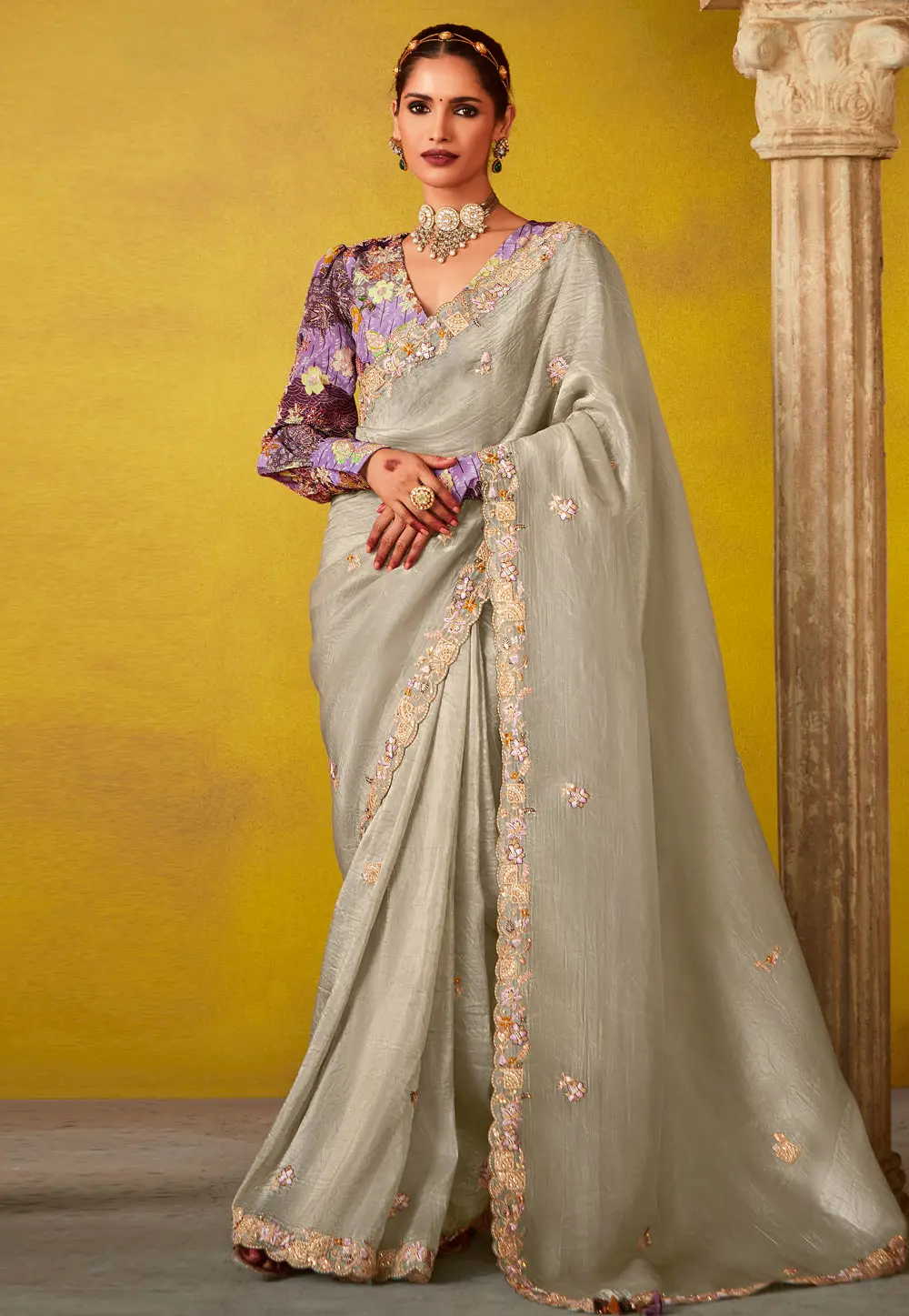 Cream Tissue Saree With Blouse 302855