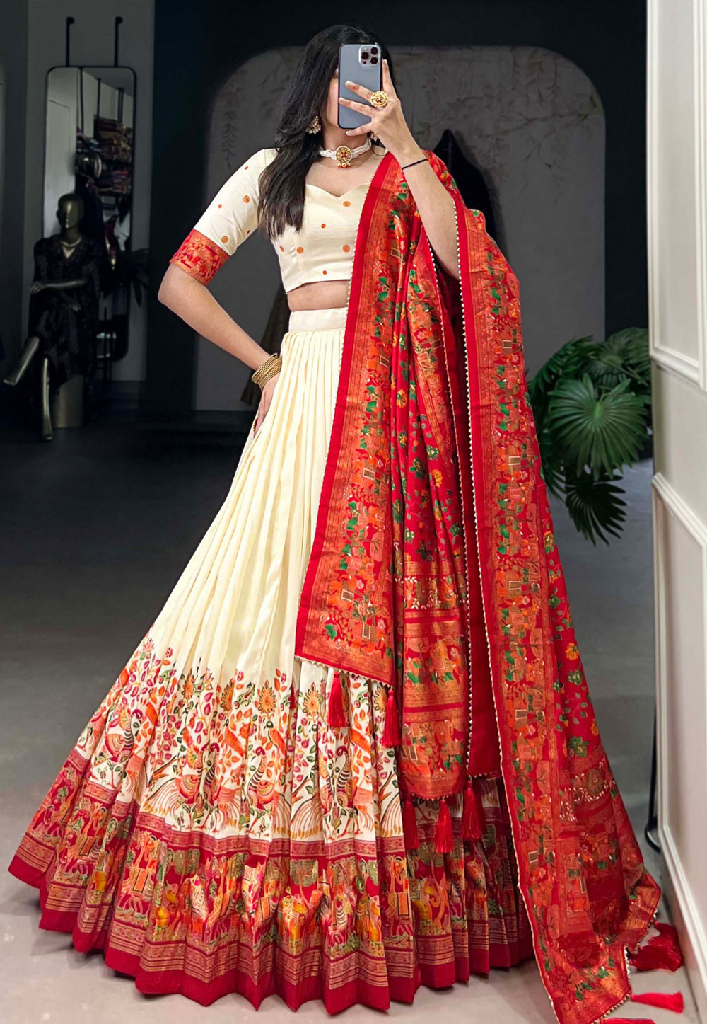 Cream Tussar Silk Circular Lehenga Choli 309548
