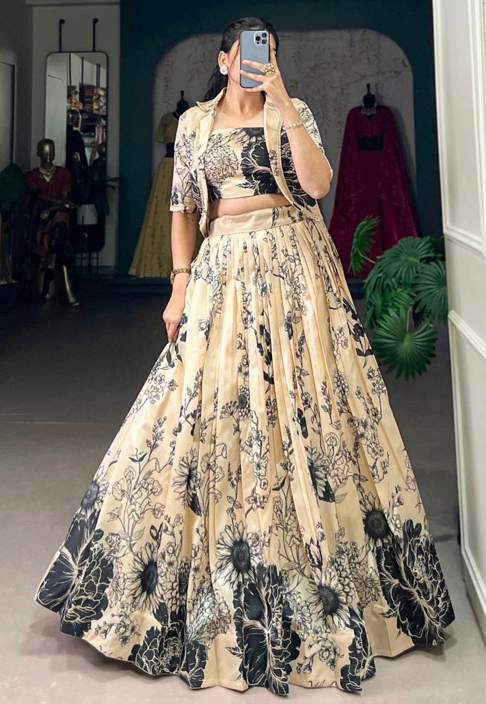 Cream Tussar Silk Floral Lehenga choli 305273