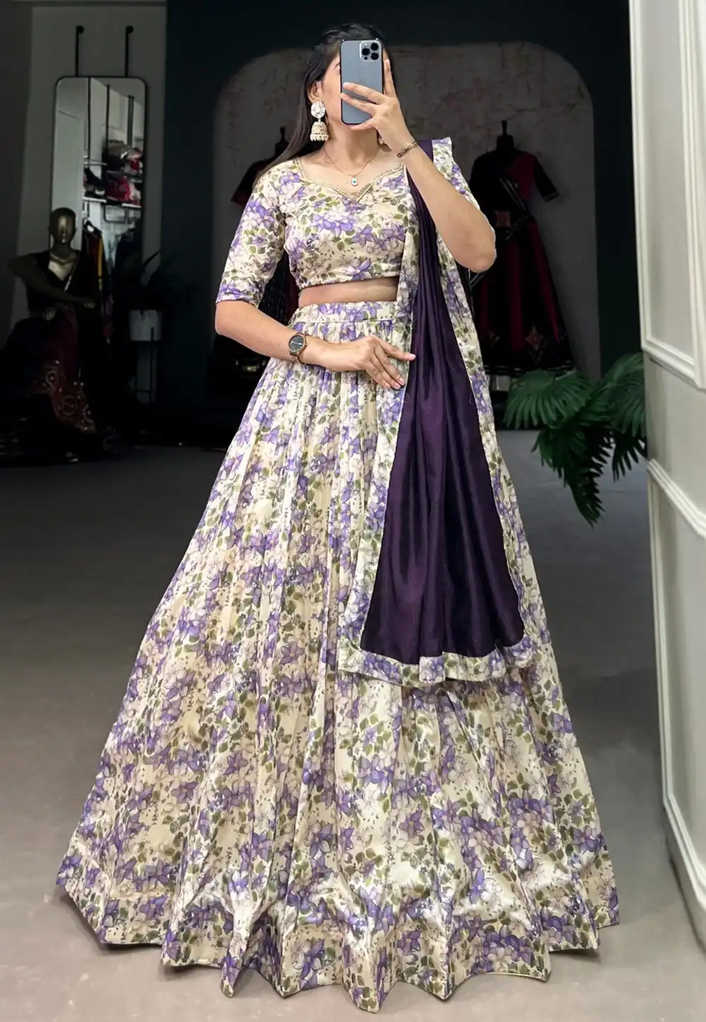 Cream Tussar Silk Floral print Lehenga choli 293157