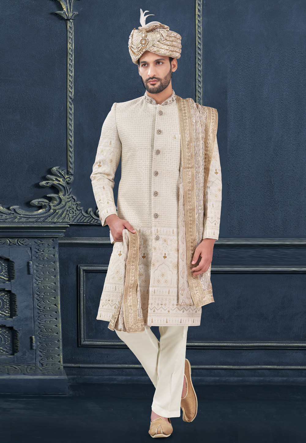 Cream Viscose Georgette Achkan Style Sherwani 305183