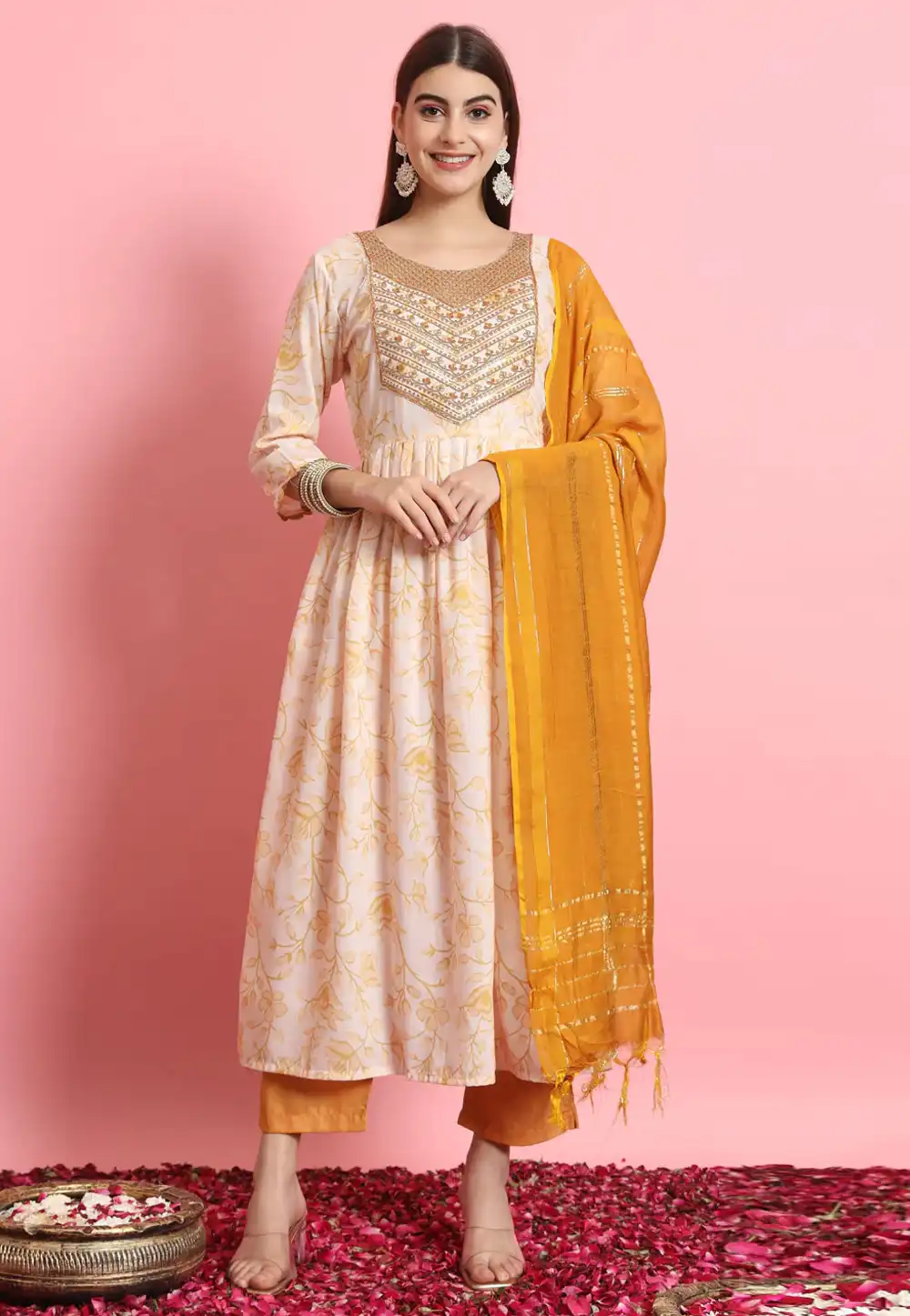 Cream Viscose Rayon Readymade Anarkali Suit 289479