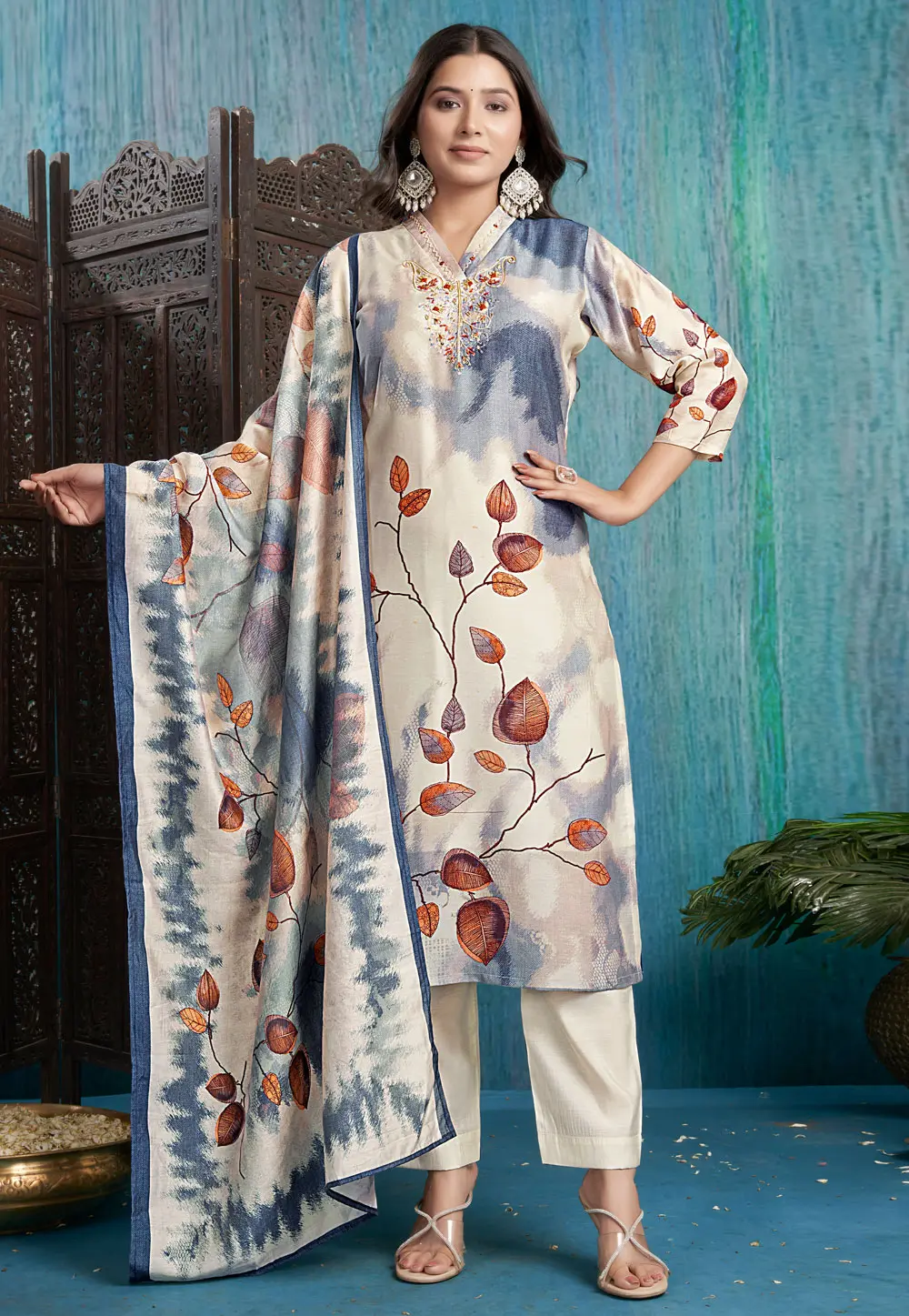 Cream Viscose Readymade Pakistani Suit 297761