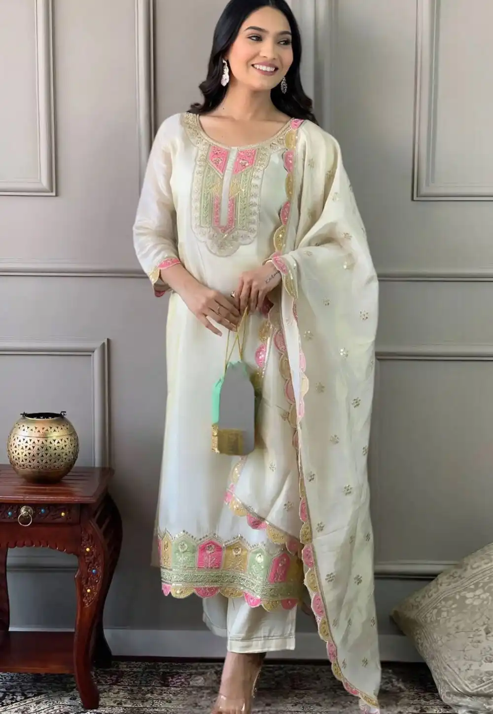 Cream Viscose Readymade Pakistani Suit 290901