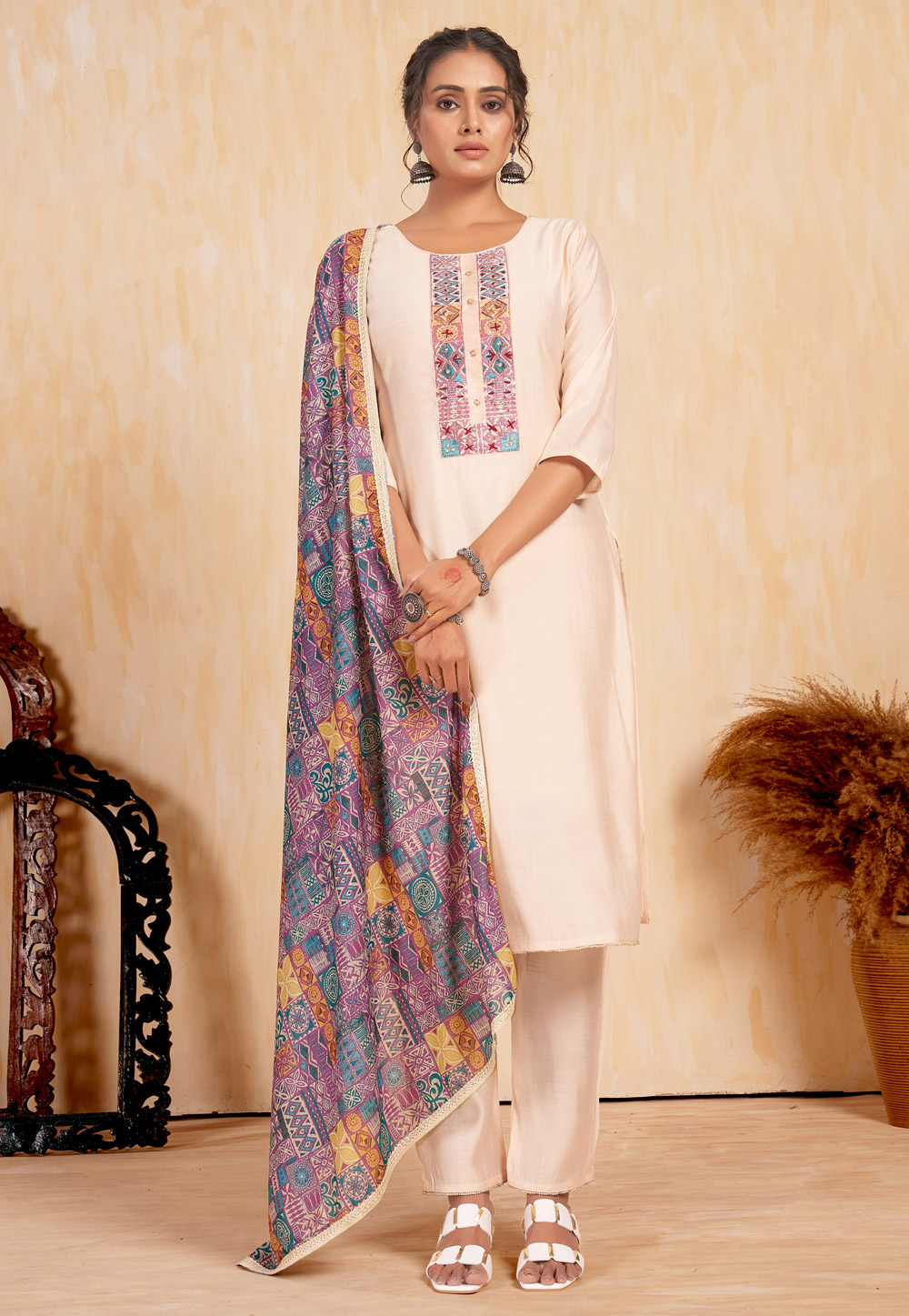 Cream Viscose Readymade Pant Style Suit 284607