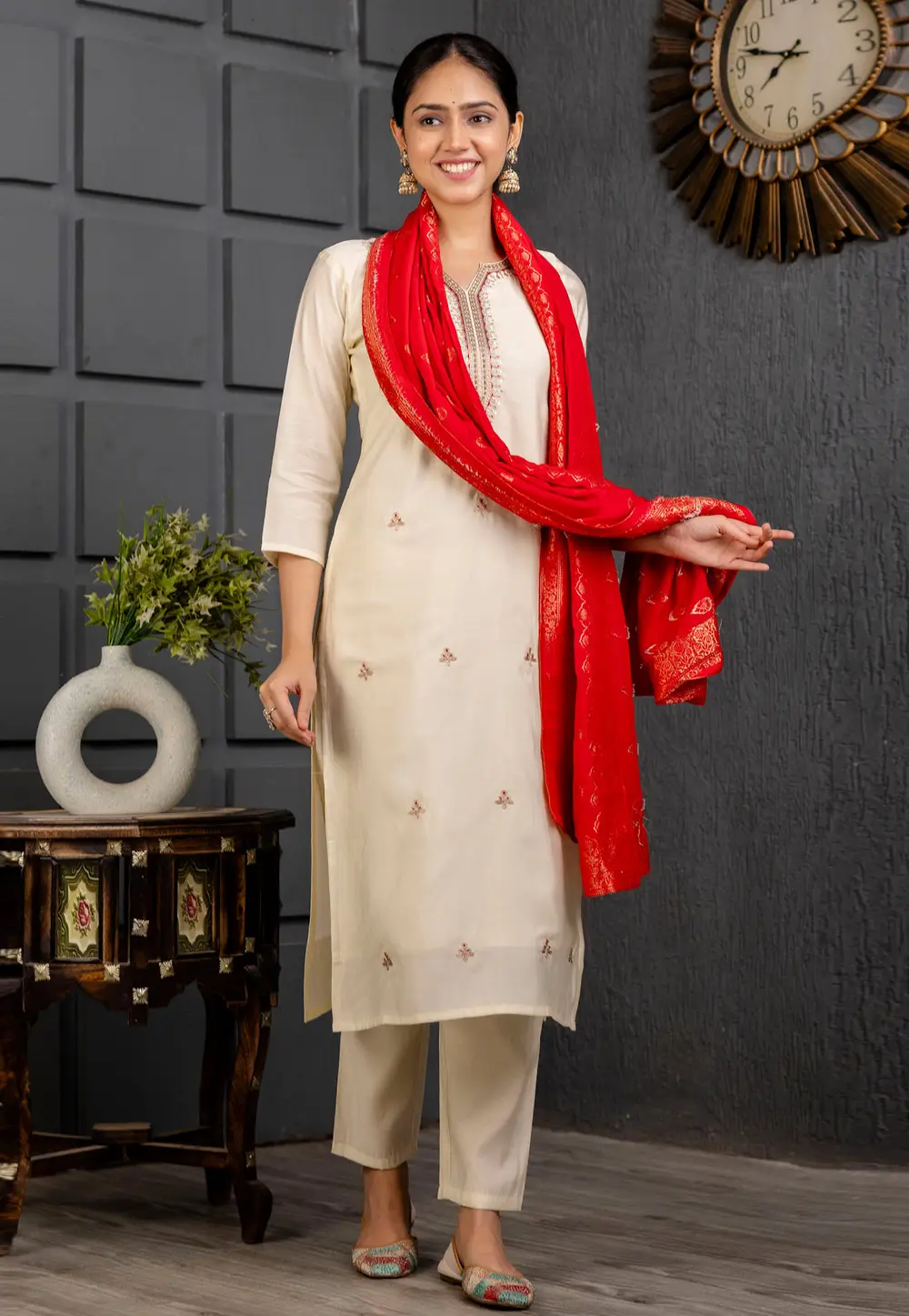 Cream Viscose Readymade Pant Style Suit 296117